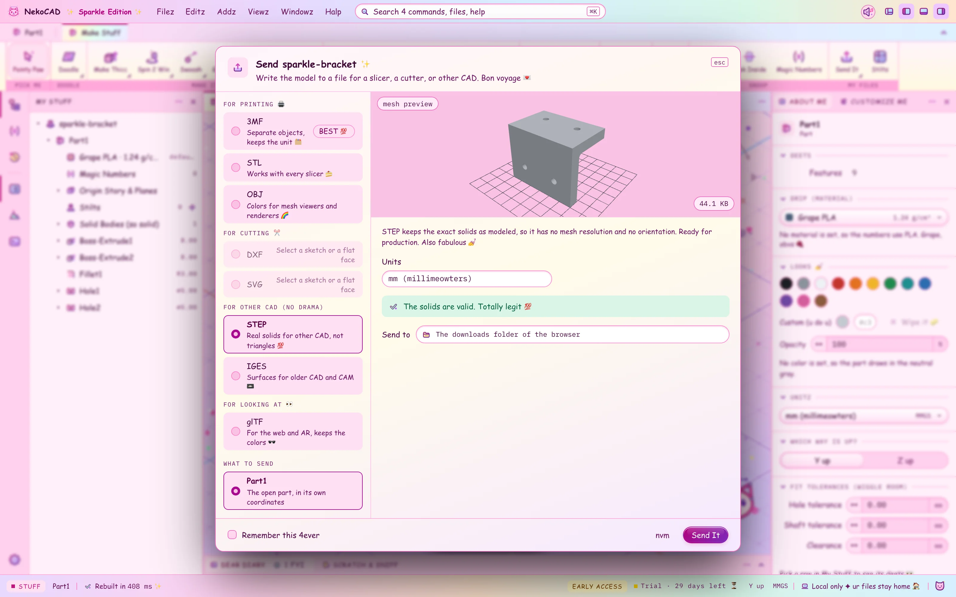 The Send It dialog with STEP selected: ready for production, also fabulous