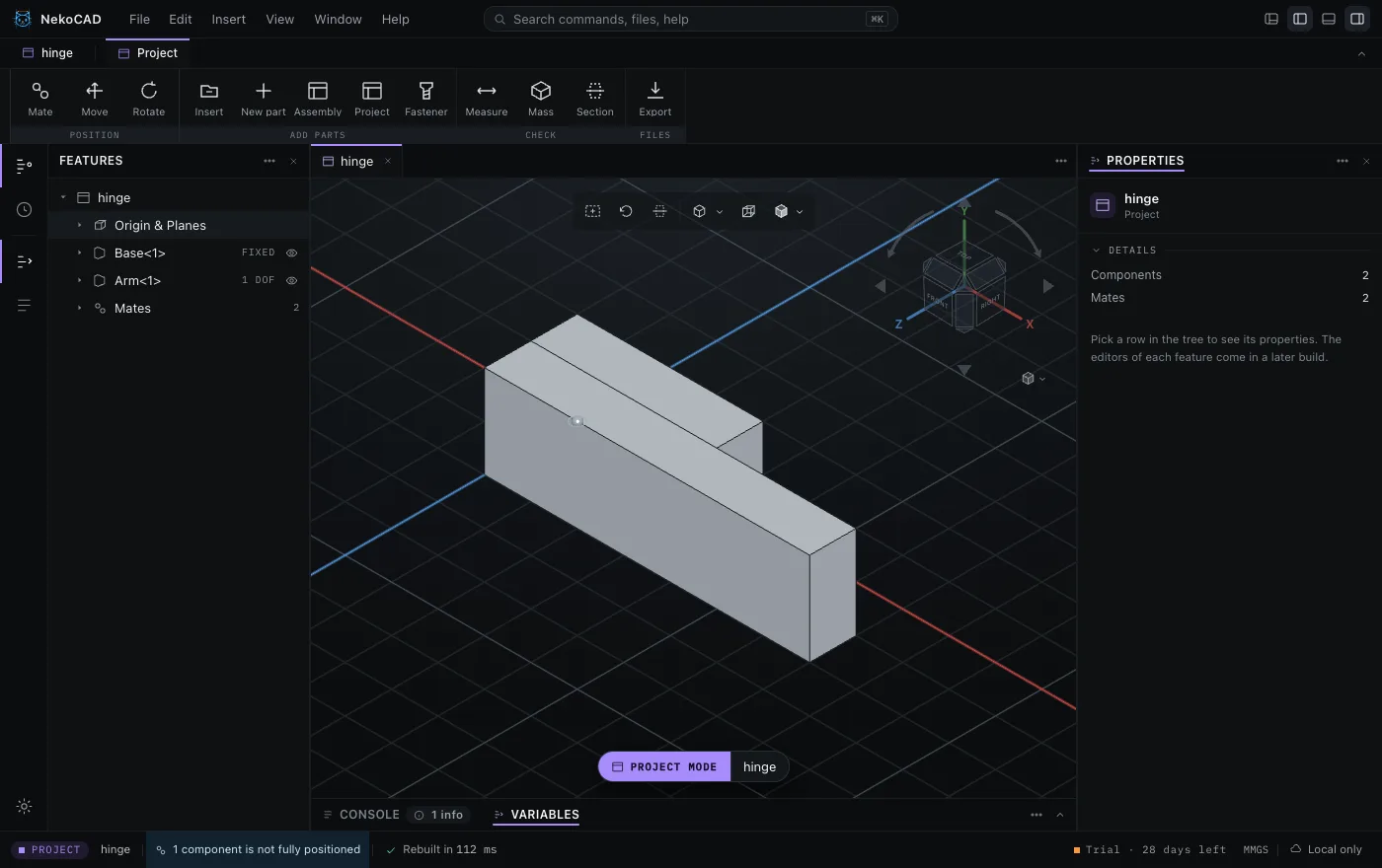 A project in NekoCAD: two components, one fixed and one with a degree of freedom left, two mates, and a status bar that says one component is not fully positioned.